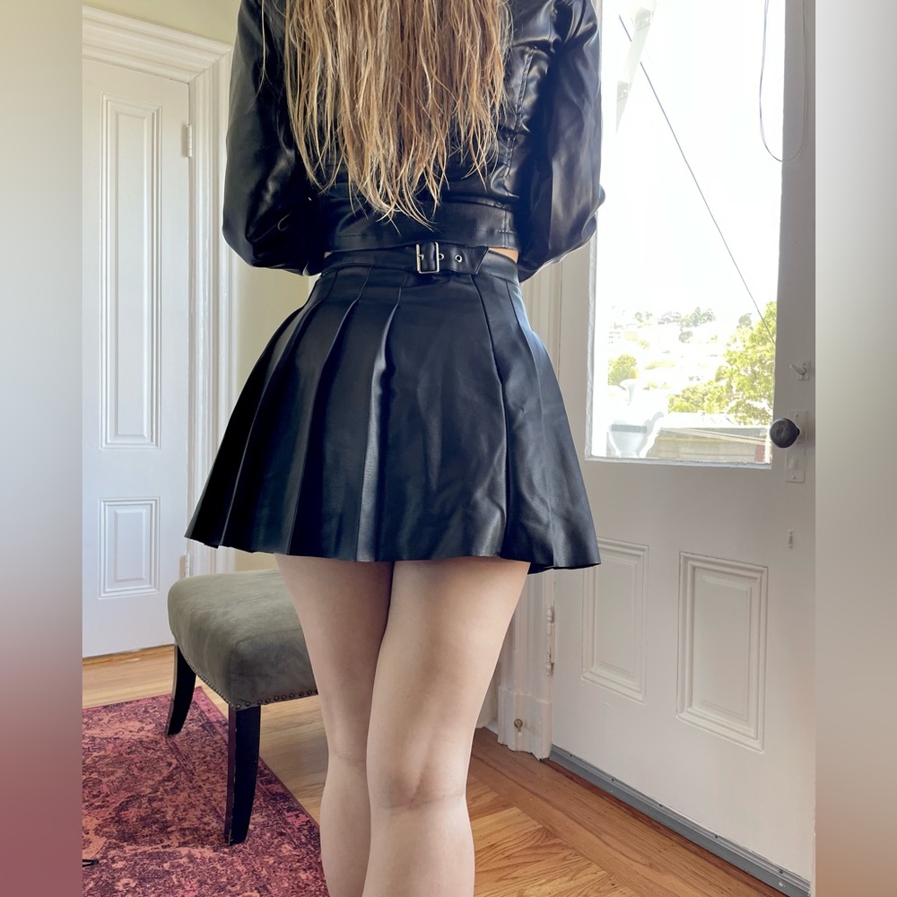 Black faux leather mini pleated skater skirt
